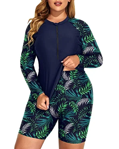 Athletic Women's Rash Guard Tankini Boy Shorts Bottom-Navy Blue Leaf