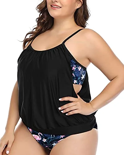 Adjustable Strap Athletic Tankini Plus Size Sporty 2 Piece Tankini-Black Flamingo