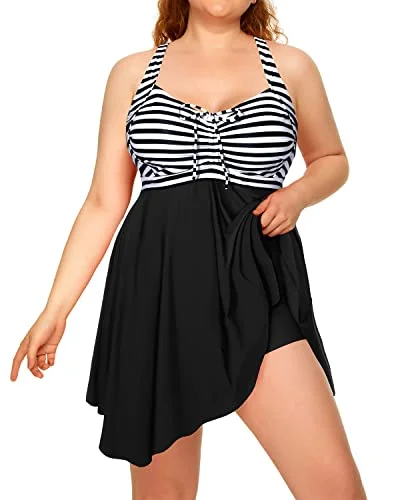 Flattering Ruched Plus Size Flowy Tankini Bathing Suits For Women-Black And White Stripe