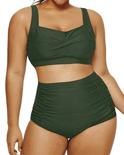 Cute Vintage Style Two Piece Swimsuit Twisted Front Bikini-Army Green