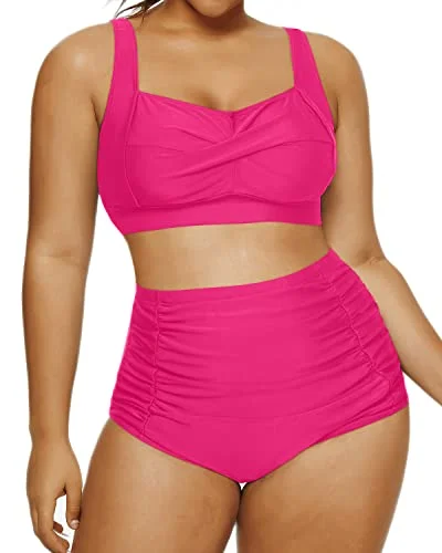 Retro Two Piece Swimsuit Ruched Bottoms Twisted Front Bikini-Neon Pink