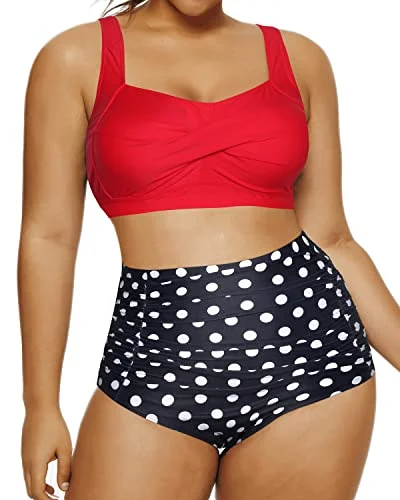 Elegant Plus Size Bikini Open Back Retro 2 Piece Swimsuit-Red Dot