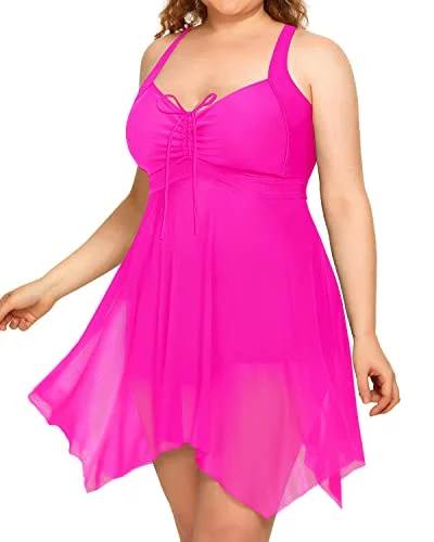 Plus Size Criss-Cross Open Back Two Piece Swim Dress-Neon Pink