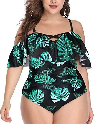 Retro Style Tummy Control Plus Size One Piece Swimsuits-Black And Green Leaf