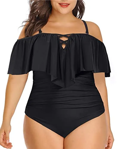 Chic Lace Up Ruffled Plus Size One Piece Swimsuits For Curvy Women-Black