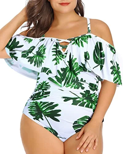 Retro Style Tummy Control Plus Size Ruffled Swimsuit-White Leaf