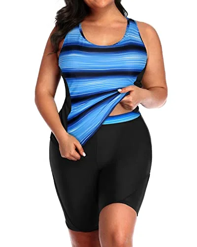 Wide Strap Unitard Two Piece Athletic Tankini For Plus Size Women-Blue And Black Stripe