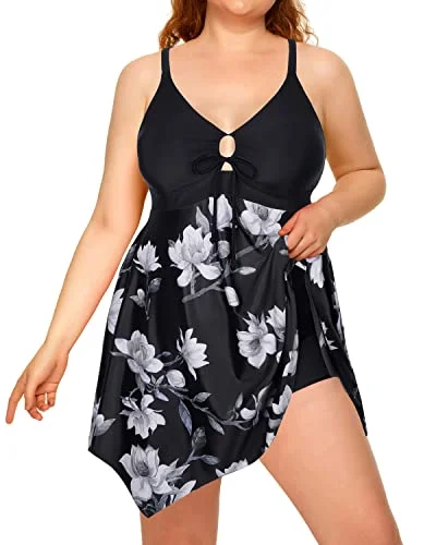 Irregular Hem Plus Size Swimdress Boylegs For Women-Black