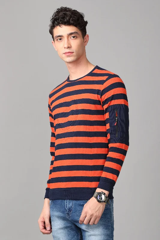 KEF Men's Orange & Black Striped Pullover Sweater