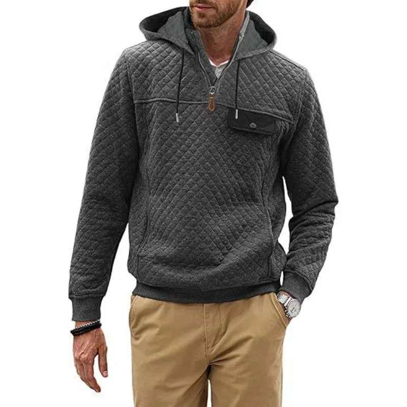 Men's Casual Plaid Zipper Collar Patchwork Loose Long Sleeve Hoodie 46951601M