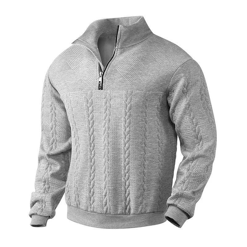 Men's Solid Color Textured Zipper Stand Collar Long Sleeve Sweatshirt 45805689Z