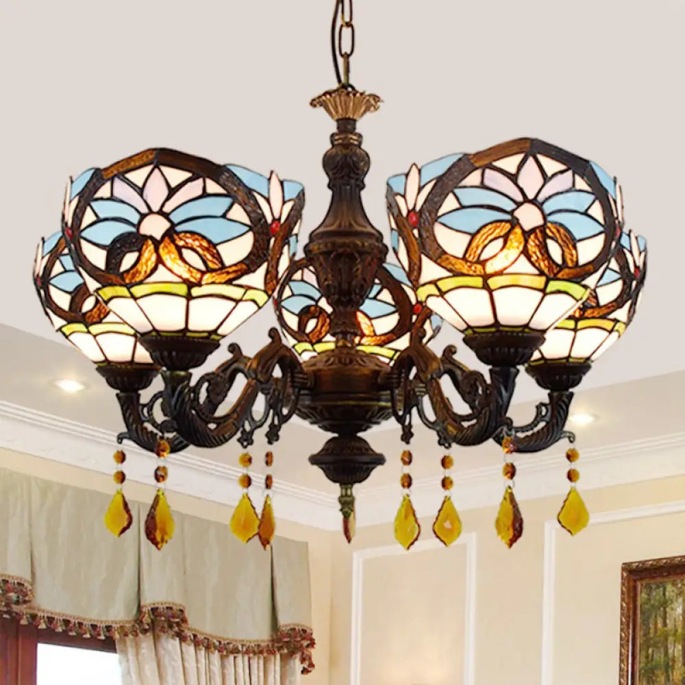 Large Chandeliers for Grand Halls and FoyersLarge Chandeliers for Grand Halls and FoyersTiffany-Style Stained Glass Chandelier with Crystal and 5 Hanging Bowl Lights in Blue for Living Room