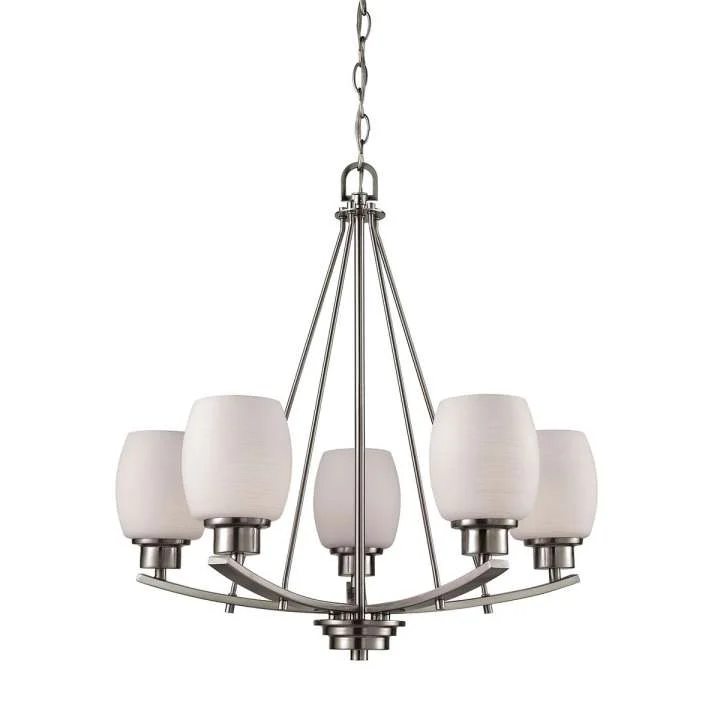 Chandeliers for Low Ceilings to Avoid OvercrowdingChandeliers for Low Ceilings to Avoid OvercrowdingCasual Mission 5-Light Chandelier in in Brushed Nickel with White Lined Glass