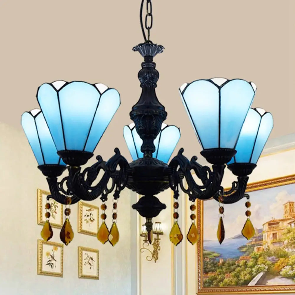 Chandeliers for Low Ceilings to Avoid OvercrowdingChandeliers for Low Ceilings to Avoid OvercrowdingBlue Stained Glass Chandelier with Tiffany-style Cone-Shaped Design and 5 Decorative Crystal Lights