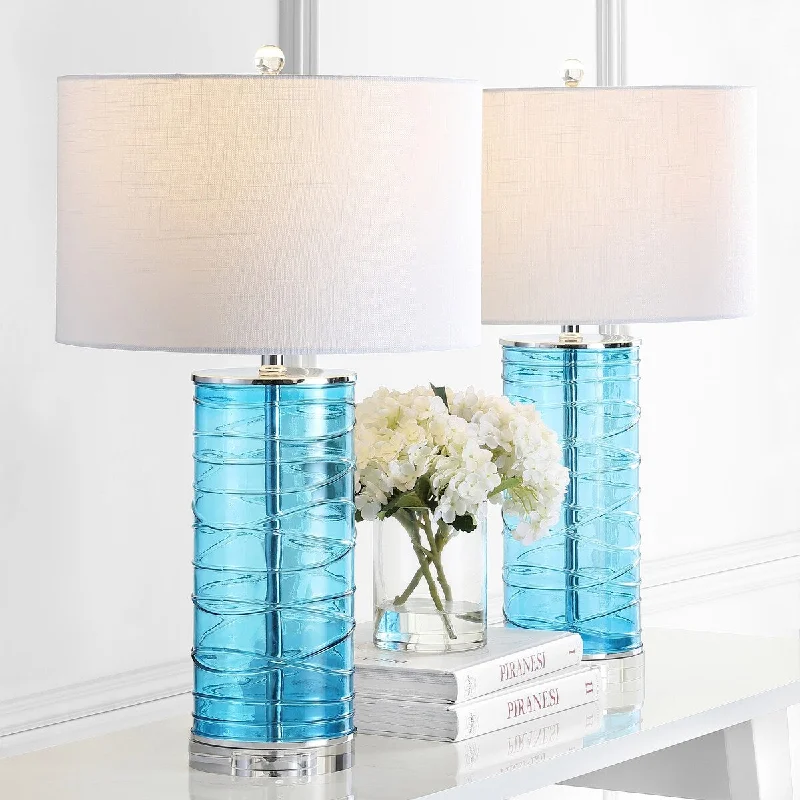 metal table lamps with a matte black finish for a sleek appearancemetal table lamps with a matte black finish for a sleek appearanceCole 27.5" Modern Fused Glass Cylinder LED Table Lamp, Turquoise (Set of 2) by JONATHAN Y