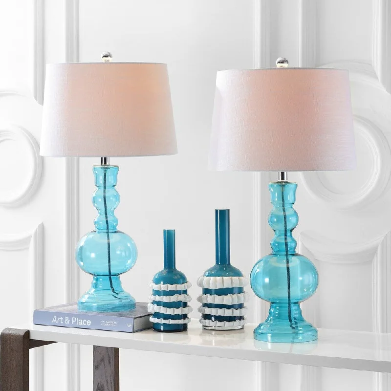 fabric table lamps with a linen shade for a relaxed and breathable lookfabric table lamps with a linen shade for a relaxed and breathable lookGenie 28.5" Glass LED Table Lamp, Aqua (Set of 2) by JONATHAN Y