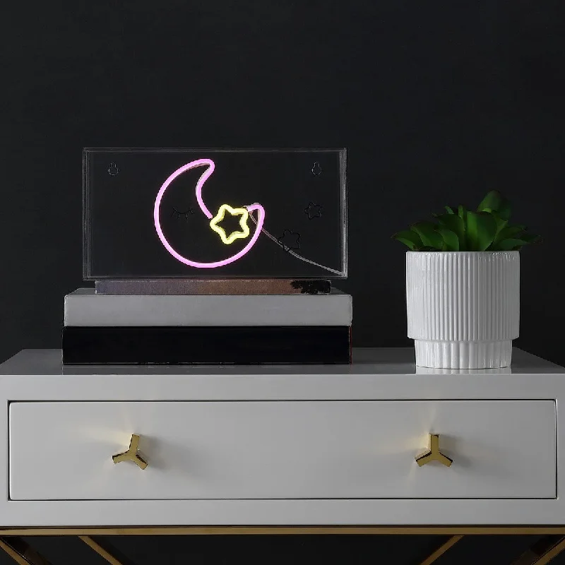 metal table lamps with a matte black finish for a sleek appearancemetal table lamps with a matte black finish for a sleek appearanceMoon 11.8" Acrylic Box USB LED Neon Light, Pink/Yellow by JONATHAN Y - 1 Bulb